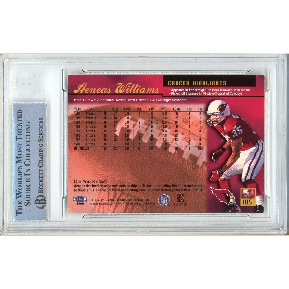 Aeneas Williams Fleer Ultra Autograph Trading Card Beckett BAS