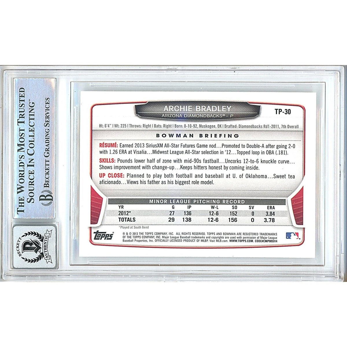 Archie Bradley Bowman Draft Top Prospects Signed Trading Card Beckett BGS