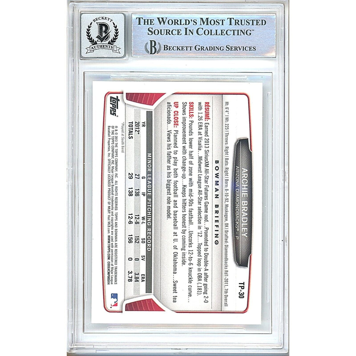 Archie Bradley Bowman Draft Top Prospects Autograph Trading Card Beckett BGS