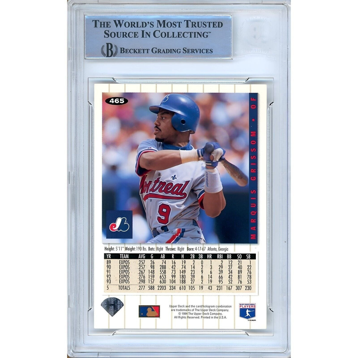 Marquis Grissom Montreal Expos Signed Autograph Trading Card Beckett BAS