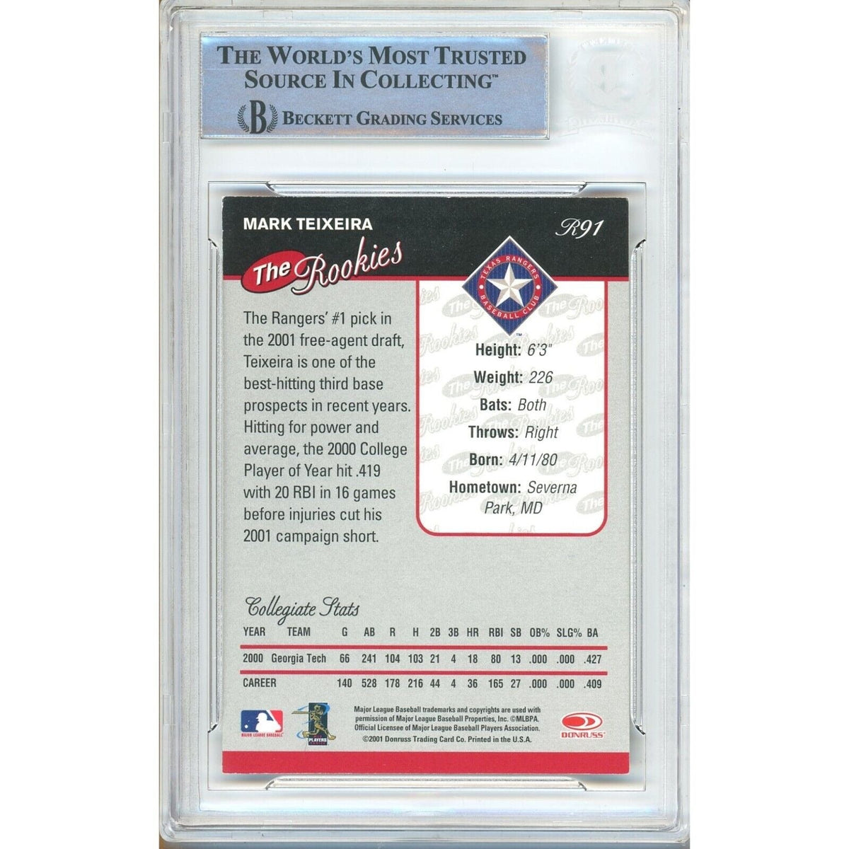 Mark Teixeira Texas Rangers Signed Trading Card Beckett BAS