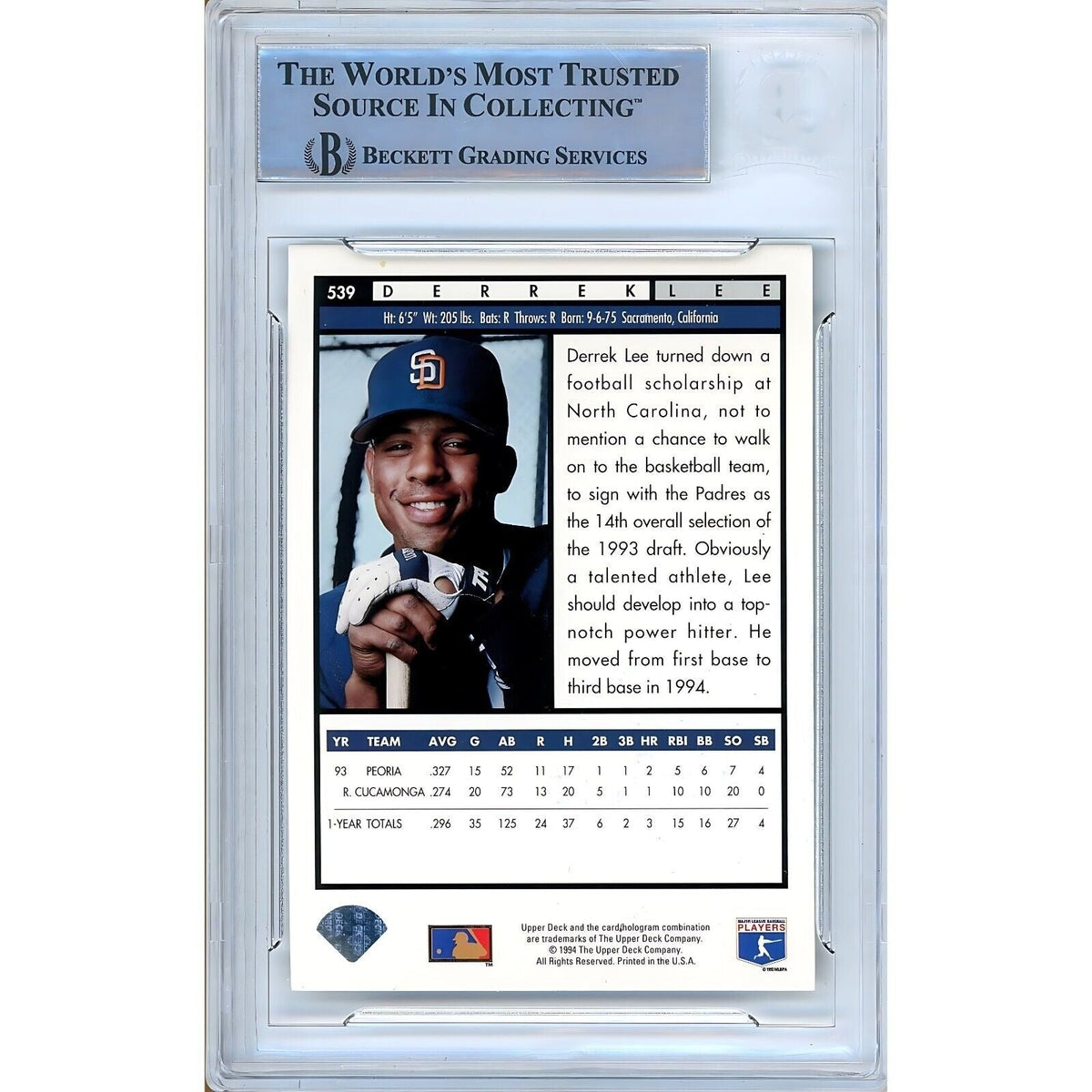 Derrek Lee Upper Deck Signed Trading Card Beckett BAS