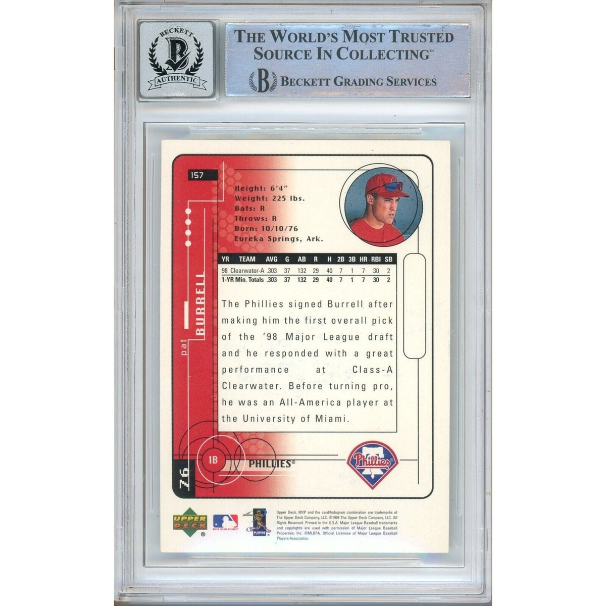 Pat Burrell Phillies Signed Trading Card Beckett BGS