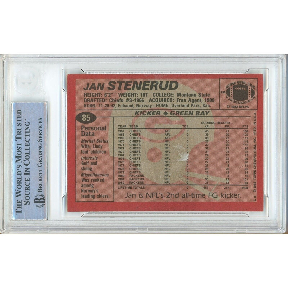 Jan Stenerud Green Bay Packers Signed Trading Card Beckett BAS