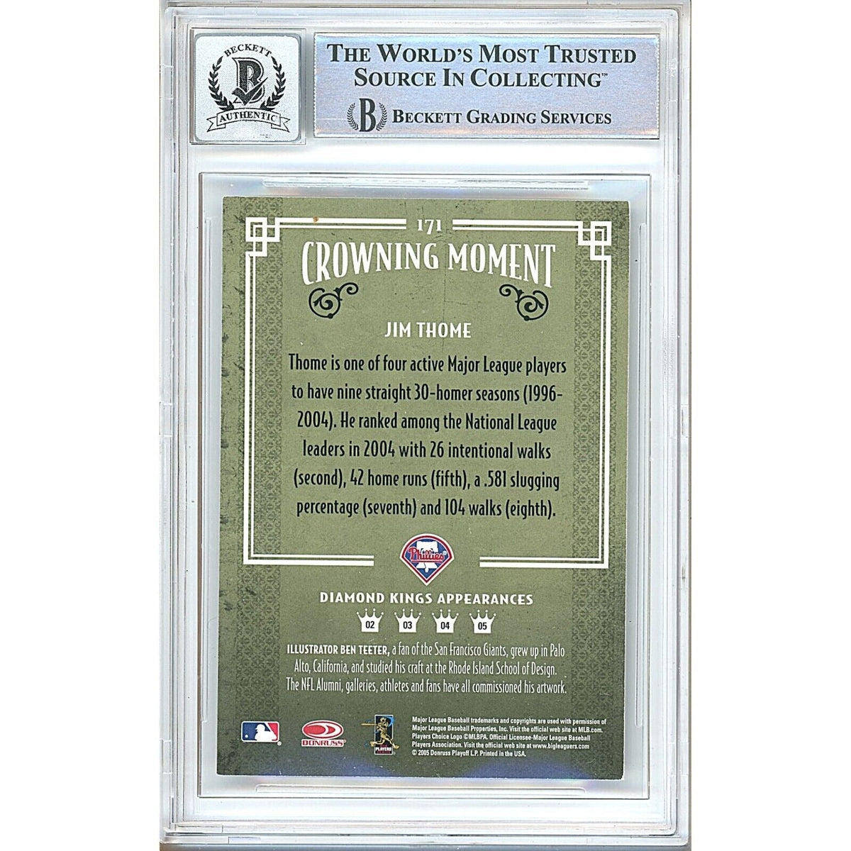 Jim Thome Philadelphia Phillies Autographed Signed Trading Card Beckett BGS