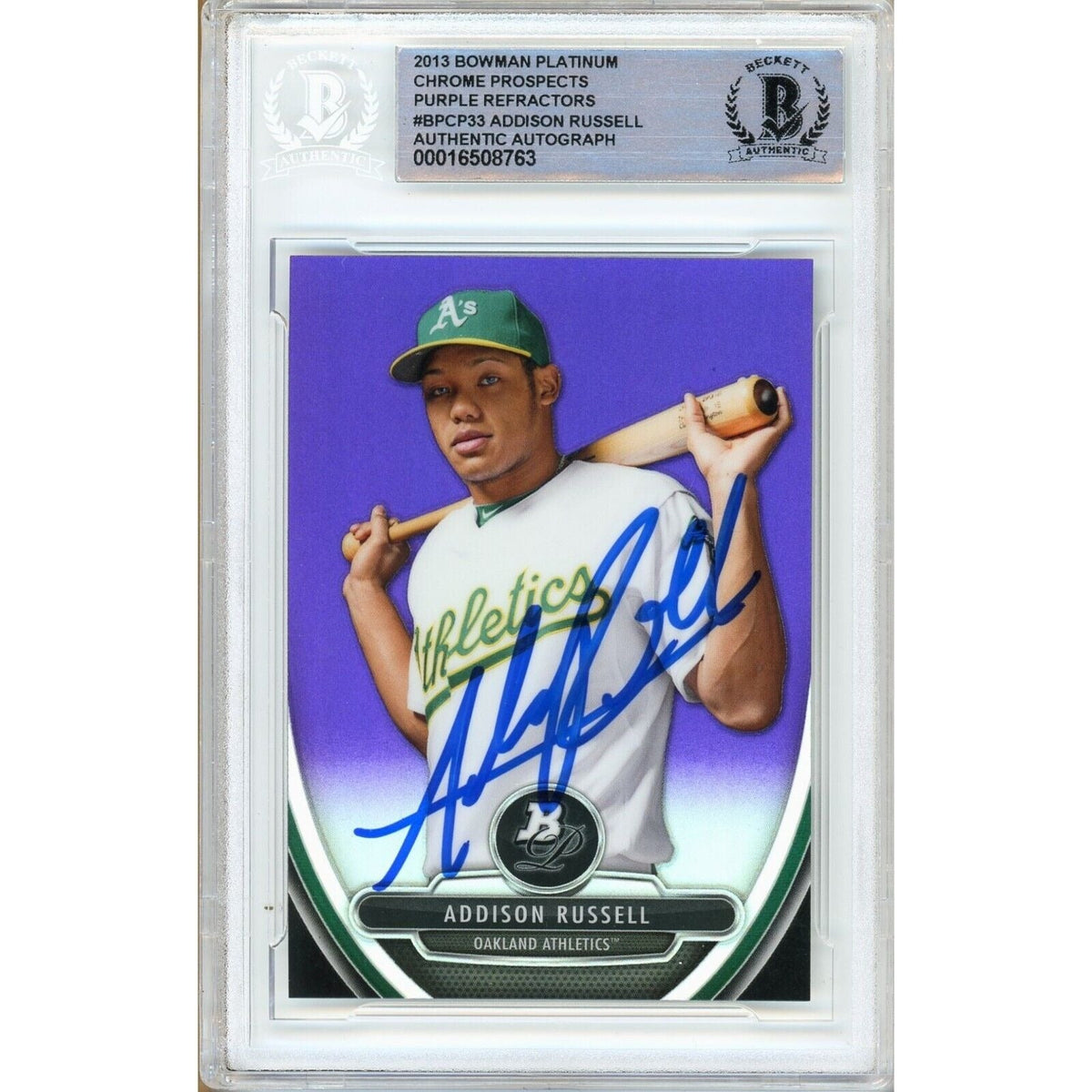 Addison Russell Bowman Platinum Chrome Purple Refractor Autographed Trading Card Beckett BAS