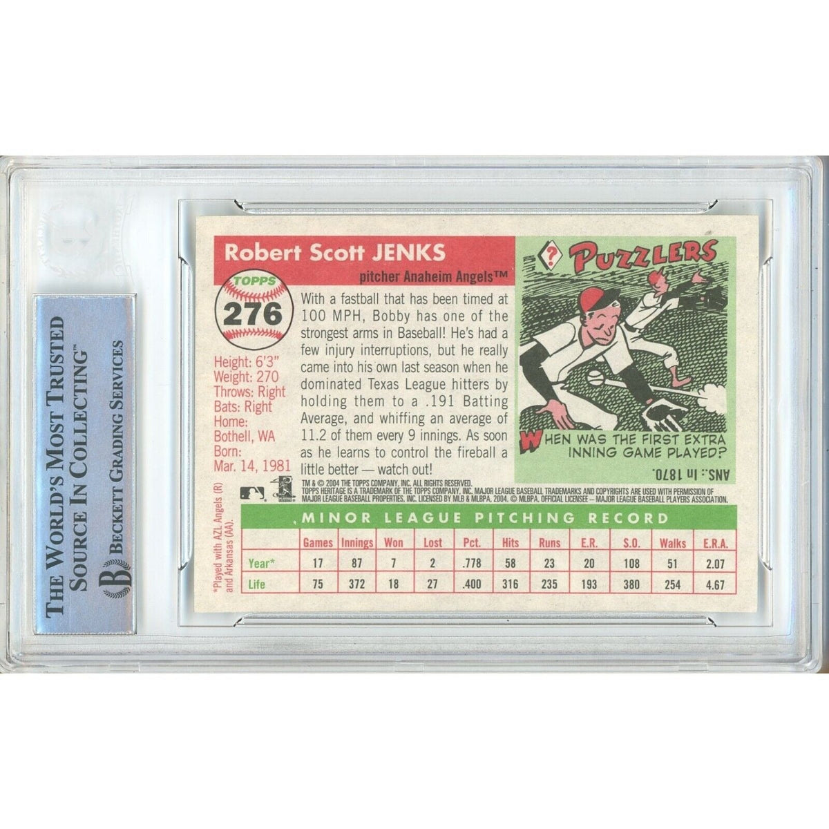 Bobby Jenks Autograph Trading Card Beckett BAS