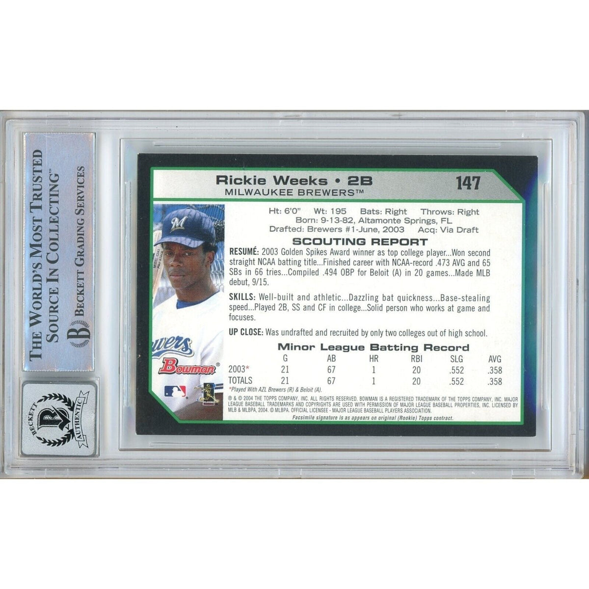 Rickie Weeks Milwaukee Brewers Signed Trading Card Beckett BGS