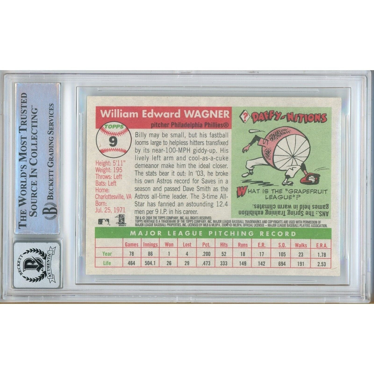 Billy Wagner Topps Heritage Autograph Trading Card Beckett BGS