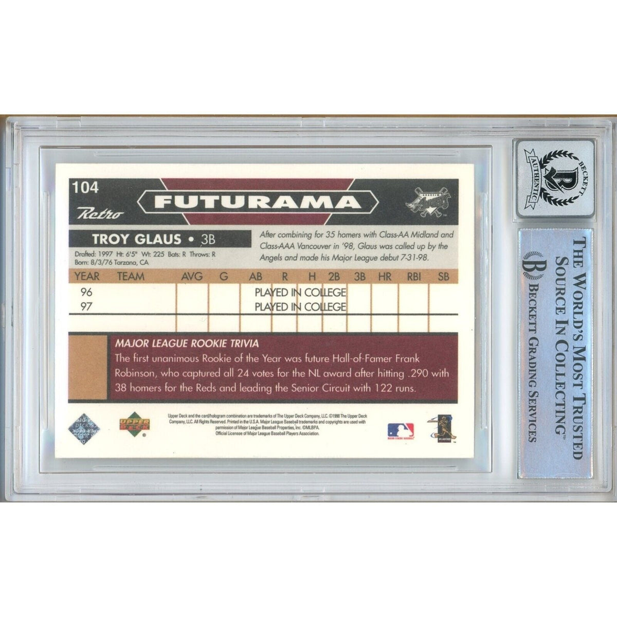 Troy Glaus Signed Trading Card Beckett BGS