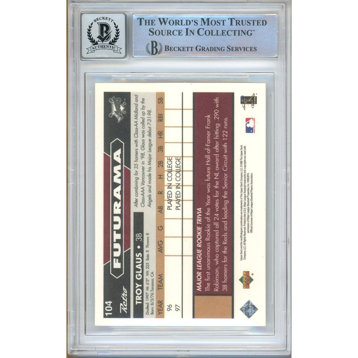 Troy Glaus Autograph Trading Card Beckett BGS