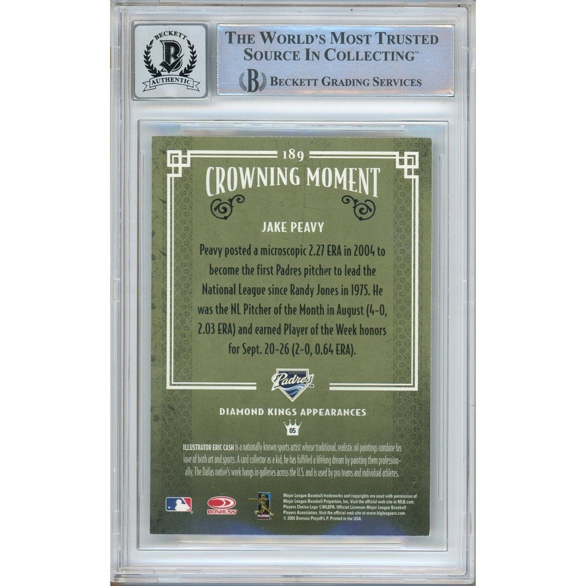 Jake Peavy Donruss Diamond Kings Signed Trading Card Beckett BGS