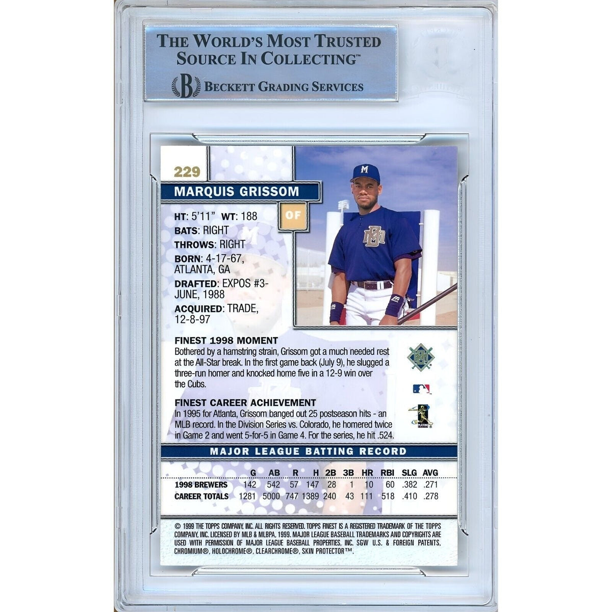 Marquis Grissom Milwaukee Brewers Signed Trading Card Beckett BAS