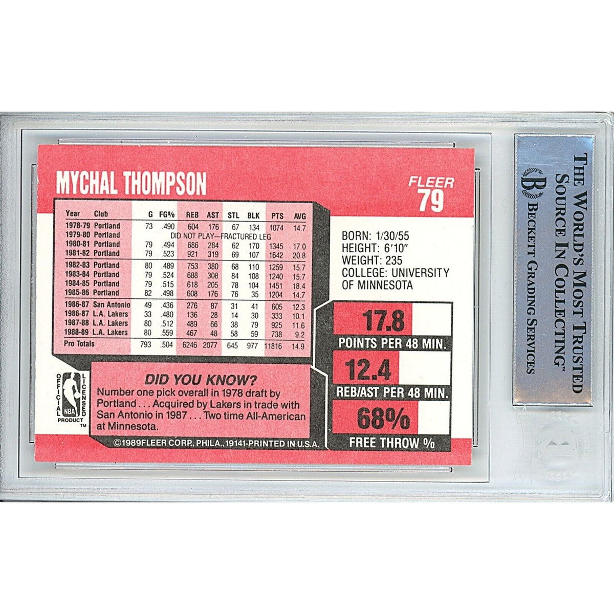 Mychal Thompson Los Angeles Lakers Signed Trading Card Beckett BAS
