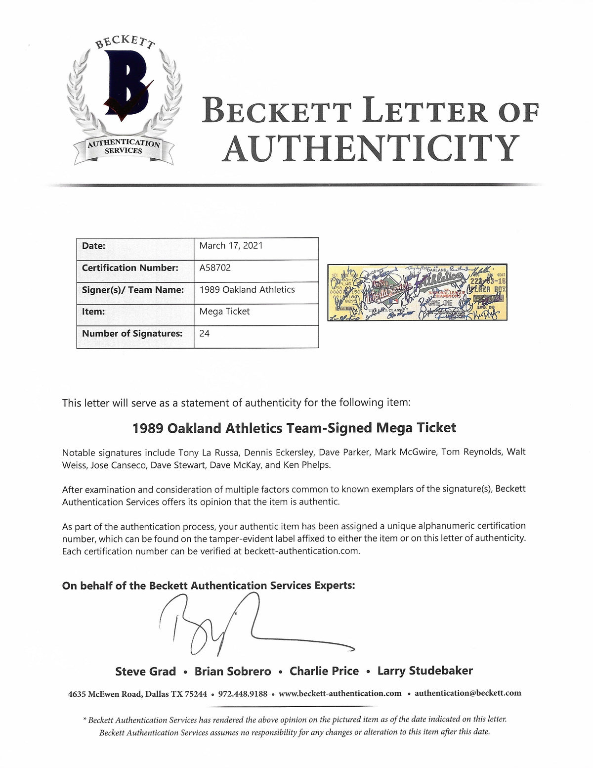 Oakland Athletics Signed World Series Cut Signature Beckett BAS