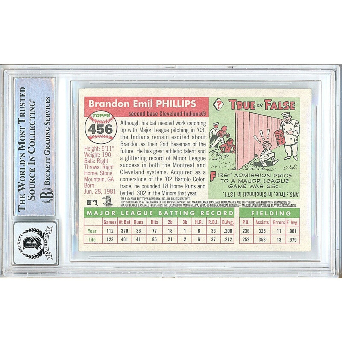 Brandon Phillips Topps Heritage Autograph Trading Card Beckett BGS