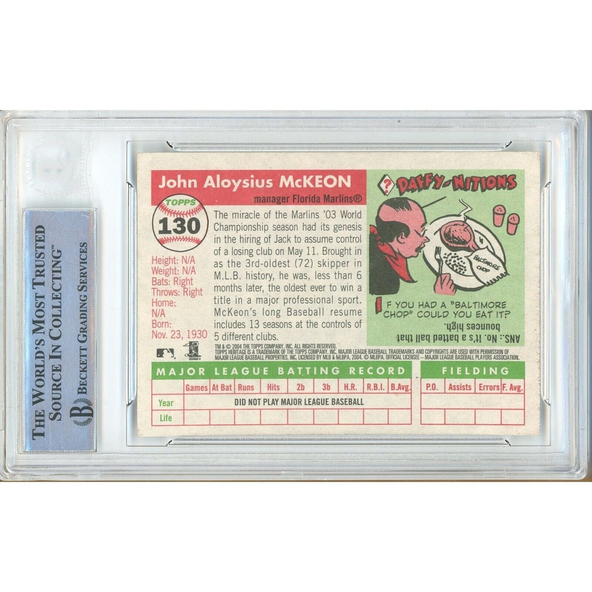 Jack Mckeon Topps Heritage Autograph Trading Card Beckett BAS