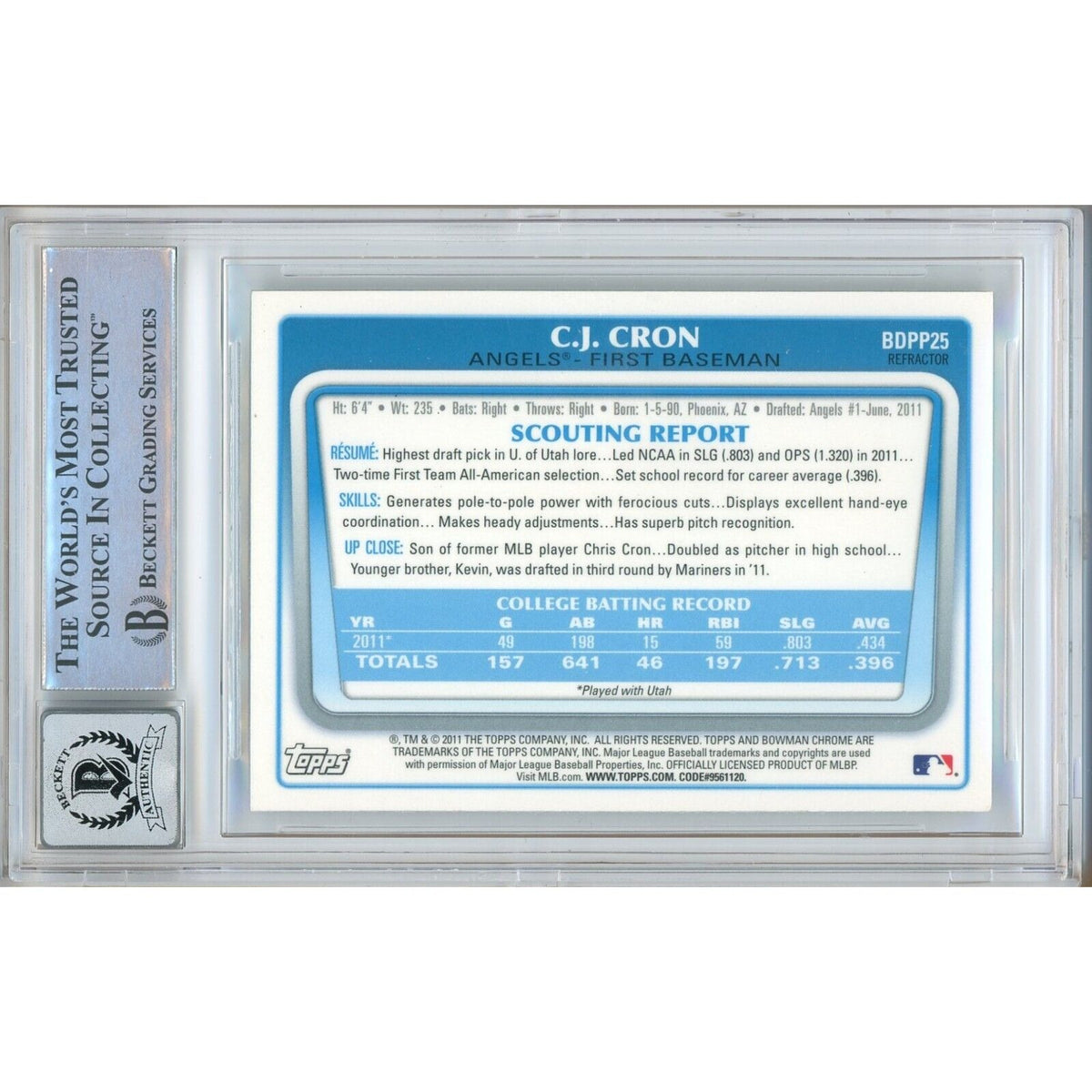 Cj Cron Bowman Draft Prospects Chrome Refractors Signed Trading Card Beckett BGS