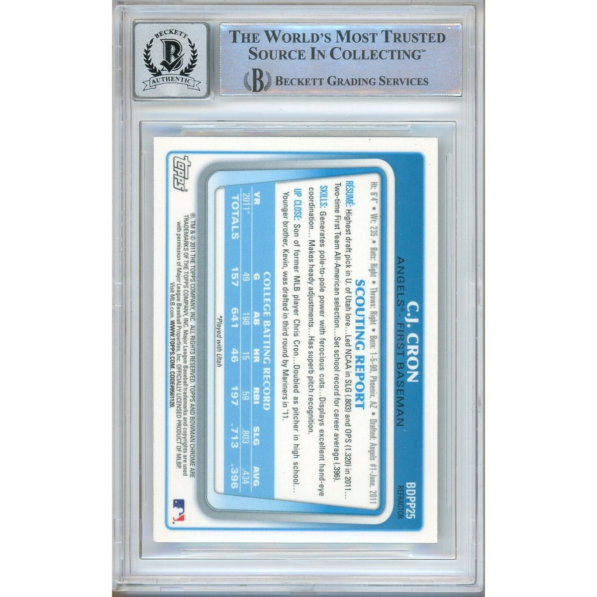 Cj Cron Bowman Draft Prospects Chrome Refractors Autograph Trading Card Beckett BGS