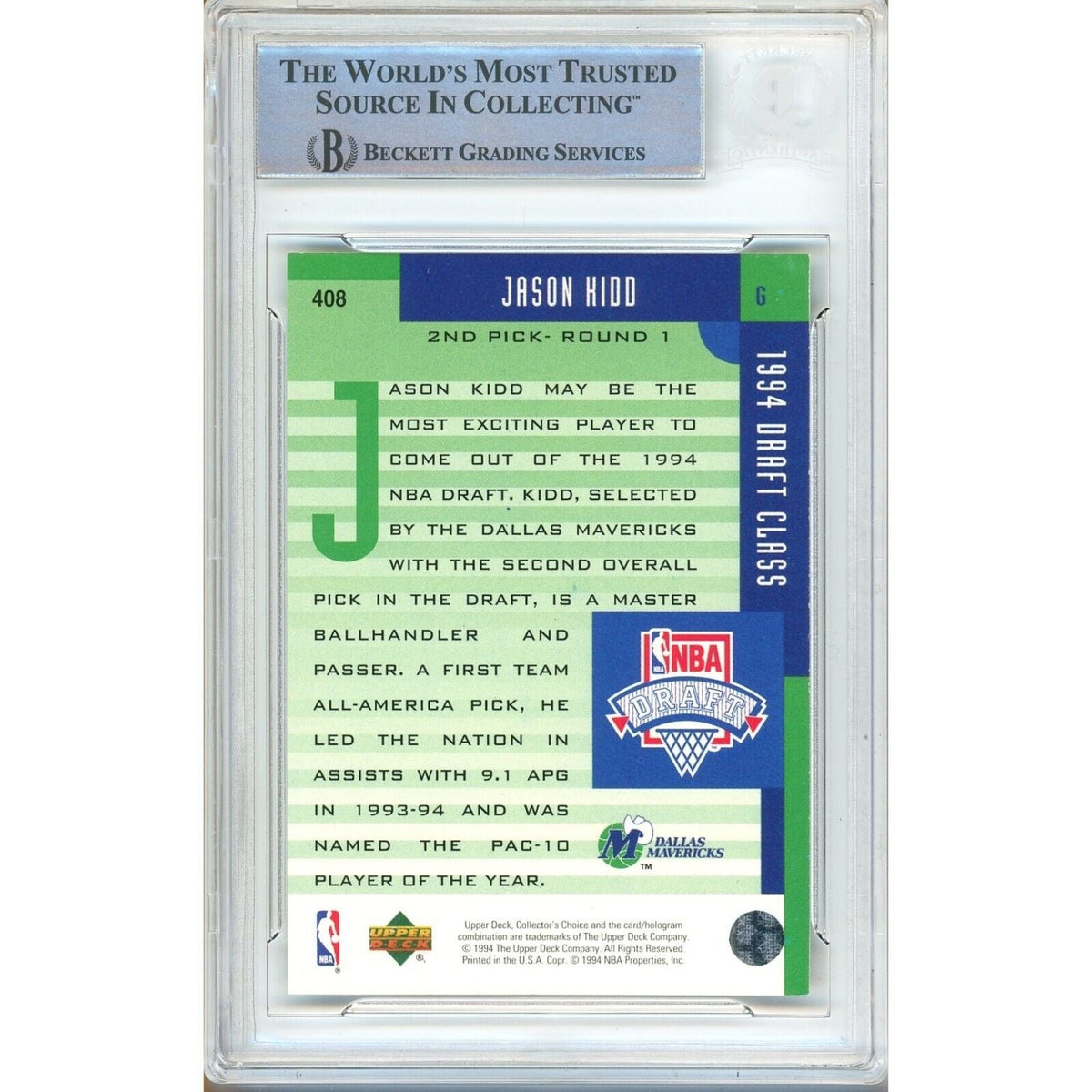 Jason Kidd Collectors Choice Signed Trading Card Beckett BAS