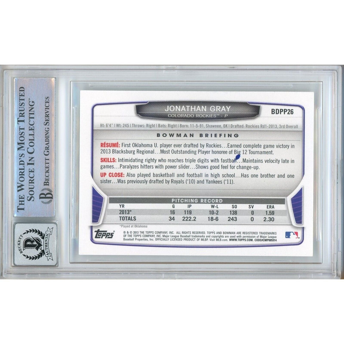 Jon Gray Bowman Draft Picks Signed Trading Card Beckett BGS
