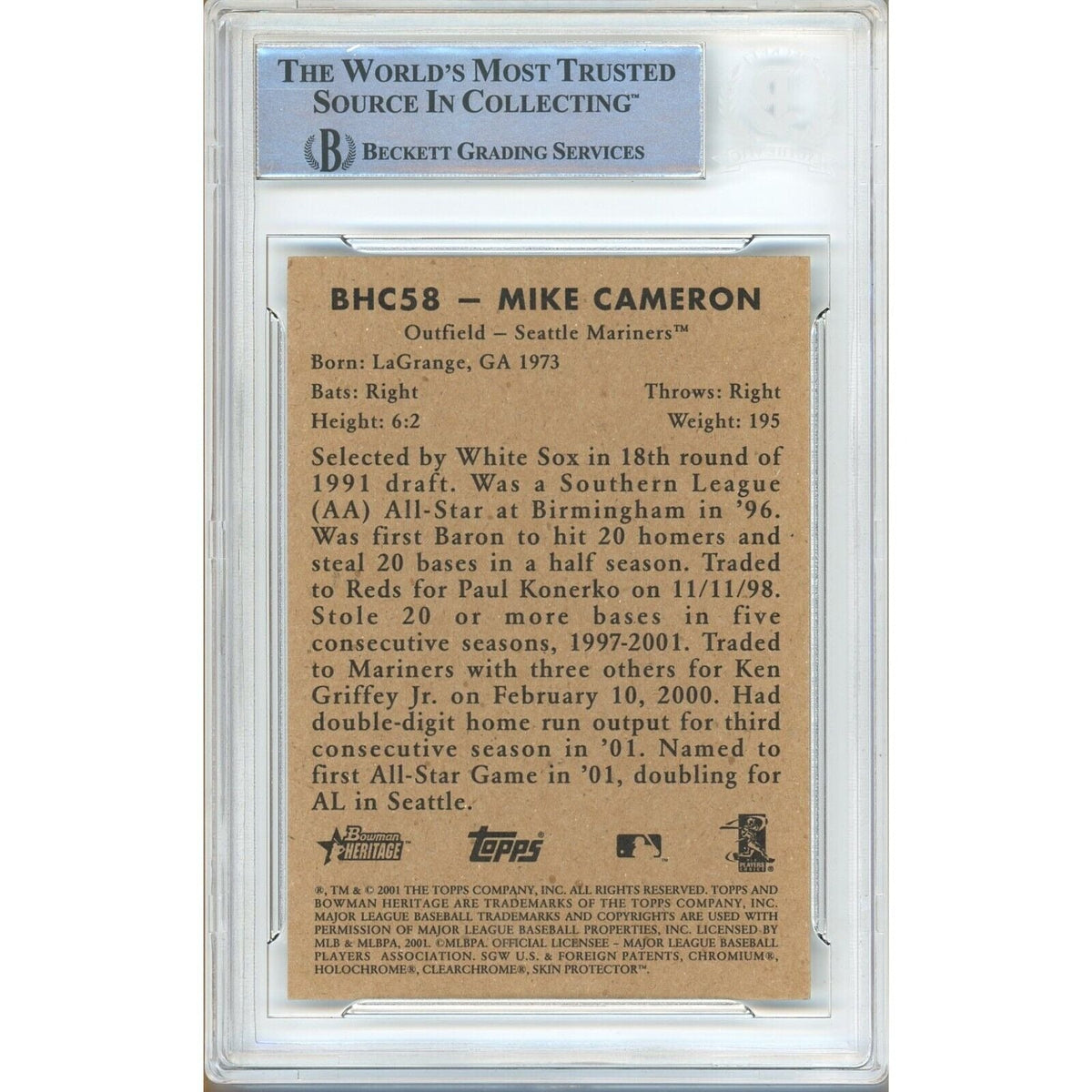 Mike Cameron Seattle Mariners Signed Trading Card Beckett BAS