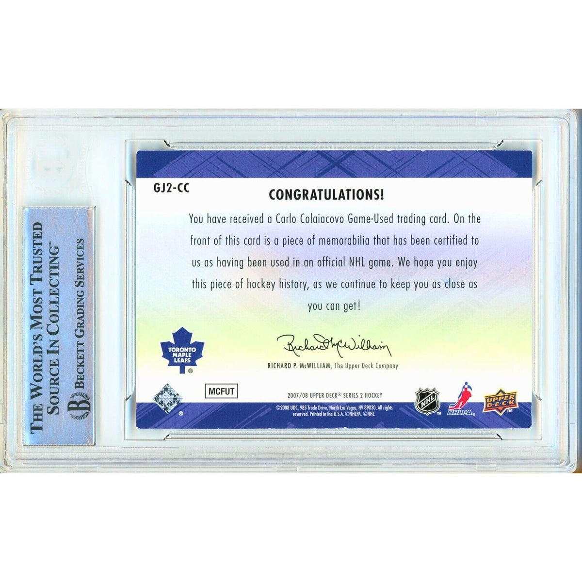 Carlo Colaiacovo Upper Deck Game Jerseys Autograph Trading Card Beckett BAS