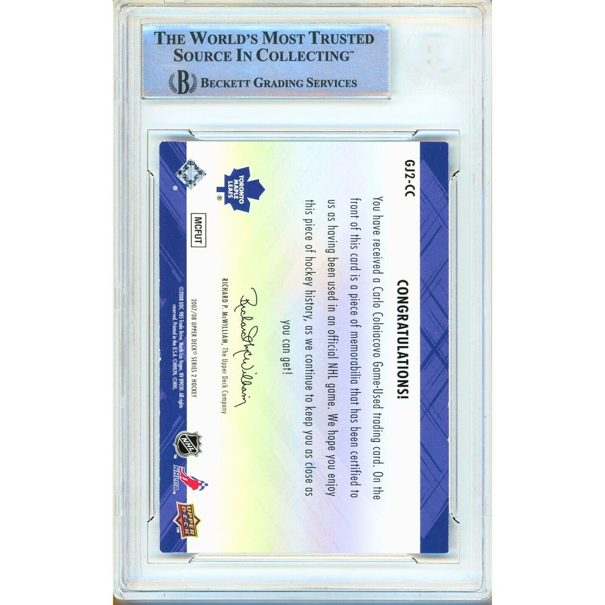Carlo Colaiacovo Upper Deck Game Jerseys Auto Trading Card Beckett BAS