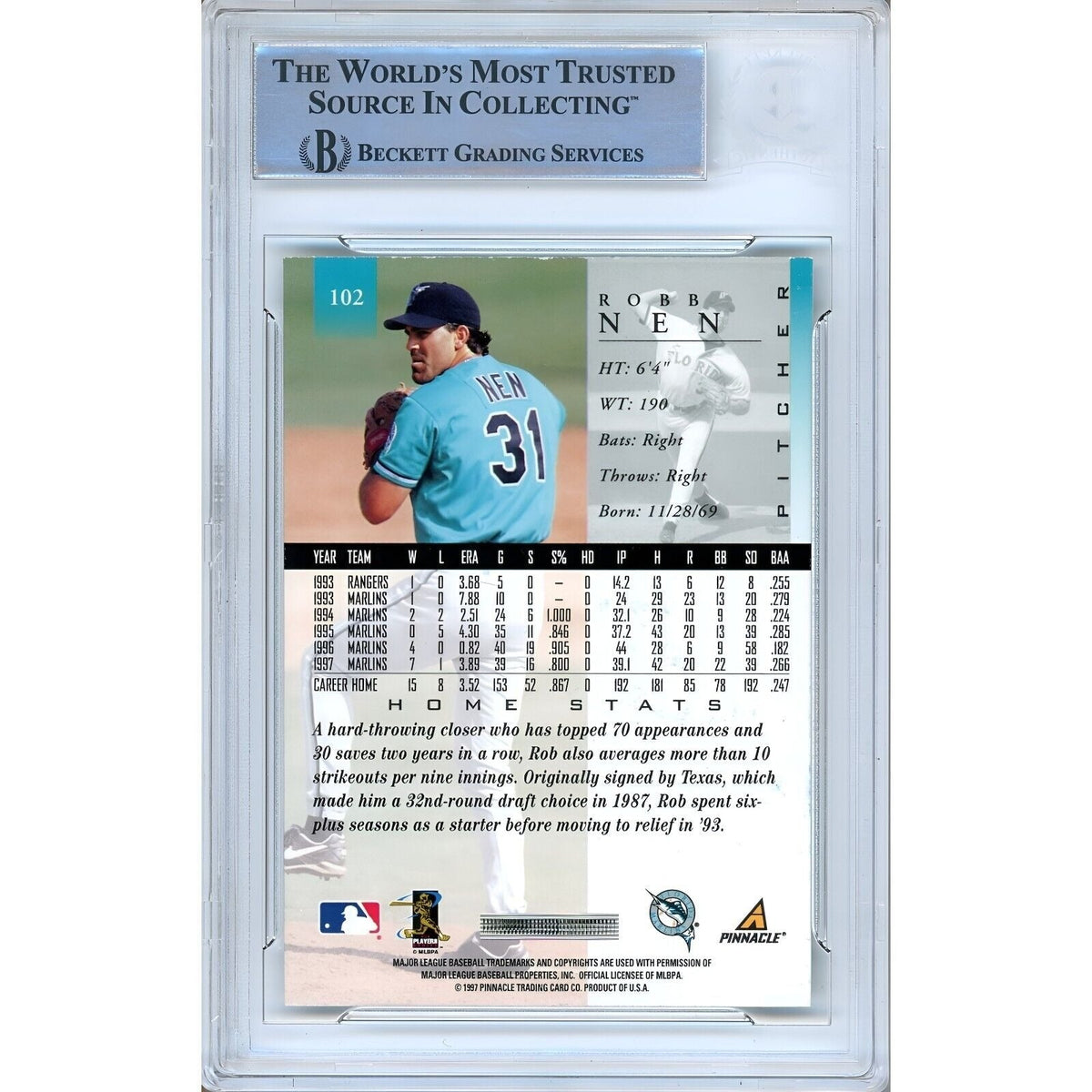Robb Nen Florida Marlins Signed Trading Card Beckett BAS
