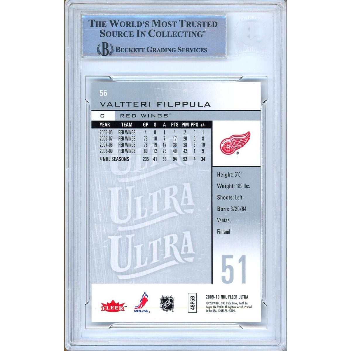 Valtteri Filppula Detroit Red Wings Autograph Trading Card Beckett BAS