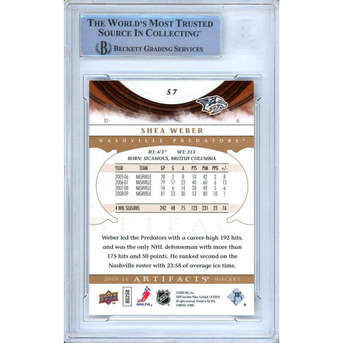 Shea Weber Nashville Predators Signed Trading Card Beckett BAS