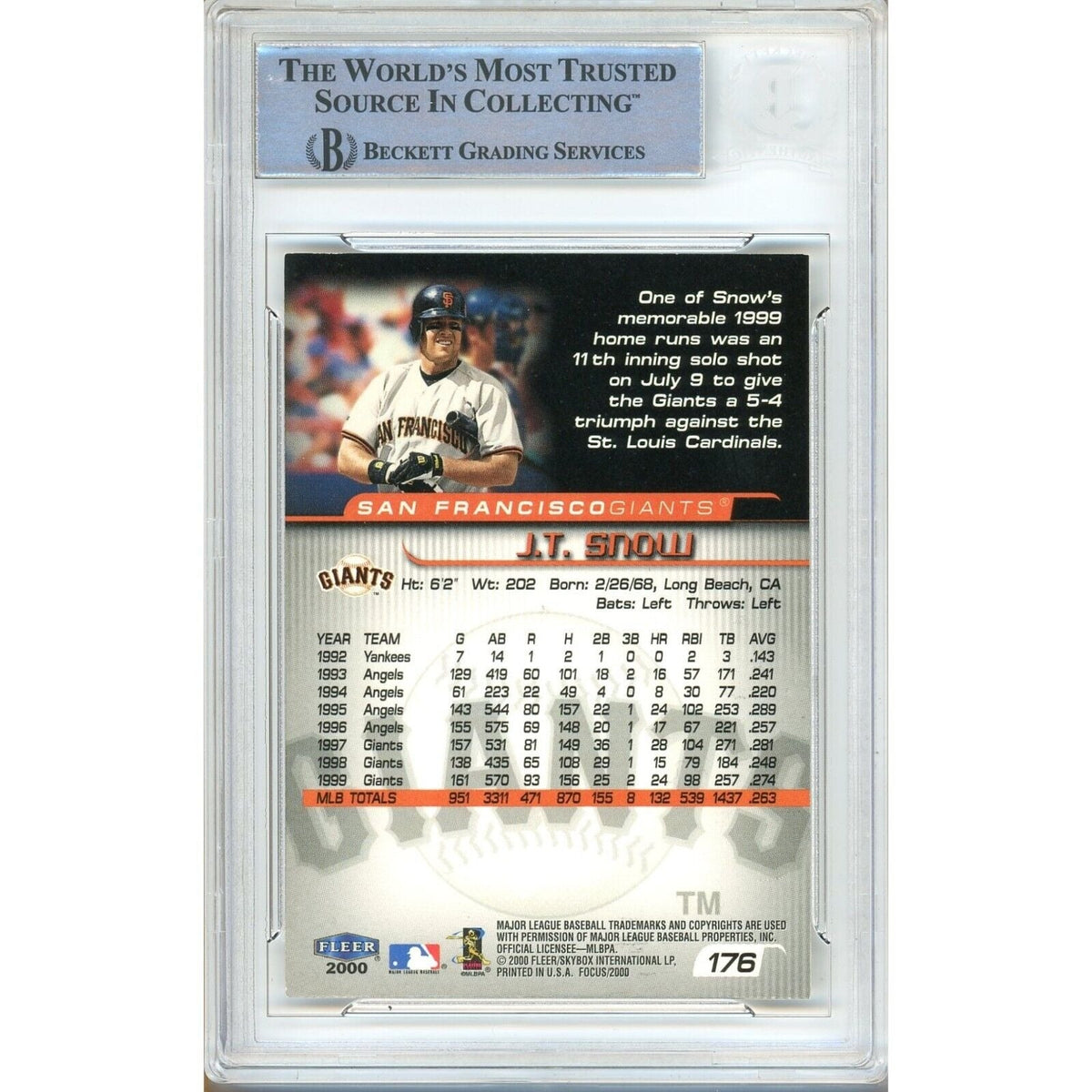 Jt Snow Fleer Focus Signed Trading Card Beckett BAS