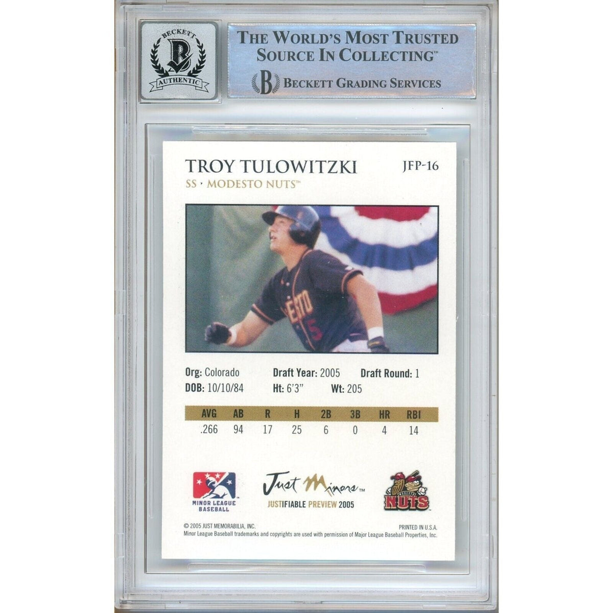 Troy Tulowitzki Colorado Rockies Signed Trading Card Beckett BGS