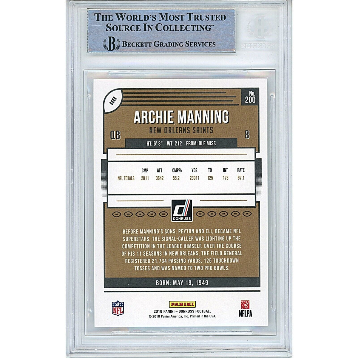 Archie Manning New Orleans Saints Signed Trading Card Beckett BAS