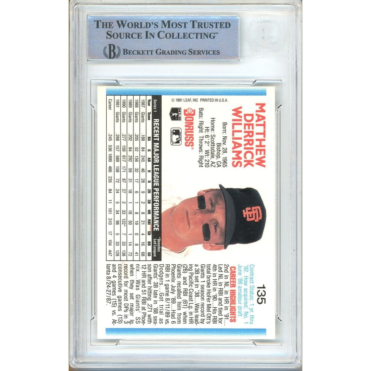 Matt Williams San Francisco Giants Autograph Trading Card Beckett BAS