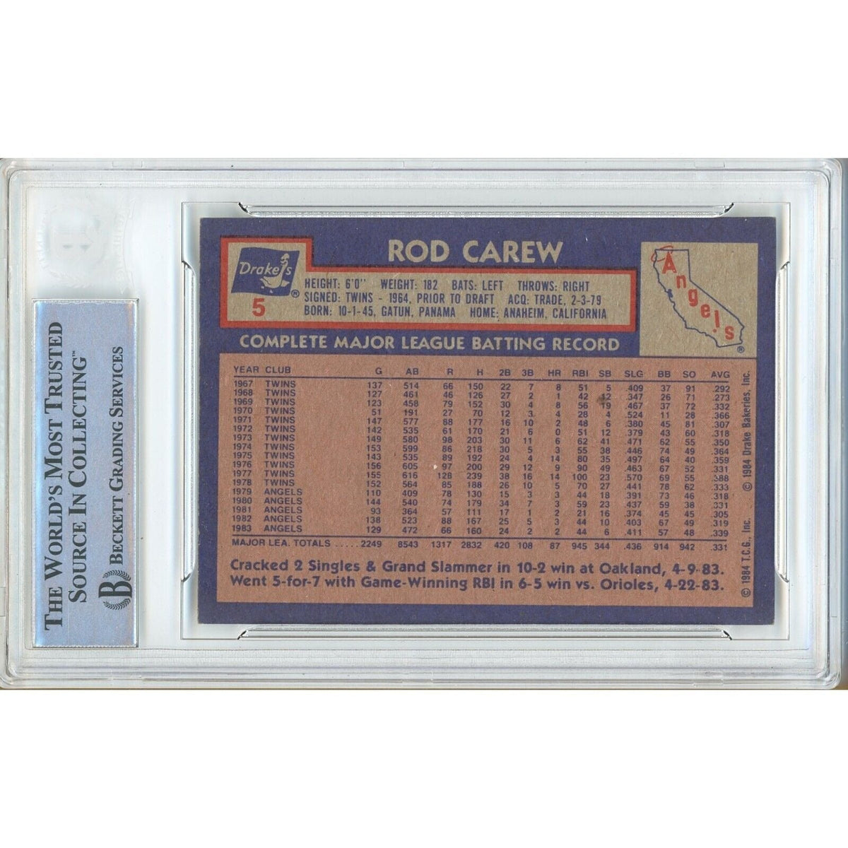 Rod Carew Signed Trading Card Beckett BAS