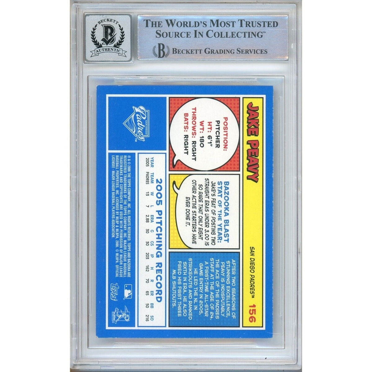 Jake Peavy Bazooka Blue Fortune Autograph Trading Card Beckett BGS