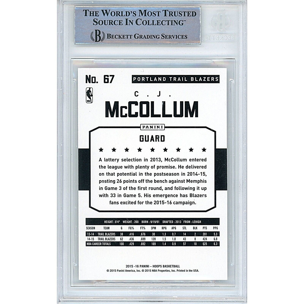Cj Mccollum Portland Trail Blazers Autographed Signed Trading Card Beckett BAS