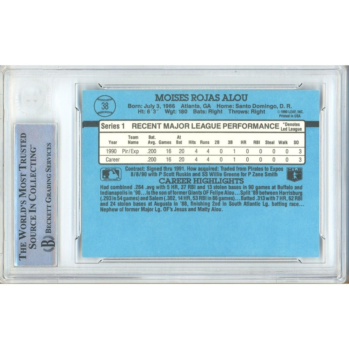 Moises Alou Montreal Expos Signed Trading Card Beckett BAS