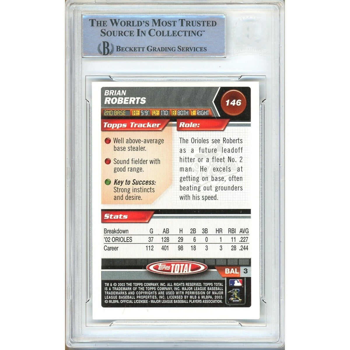 Brian Roberts Topps Total Signed Trading Card Beckett BAS