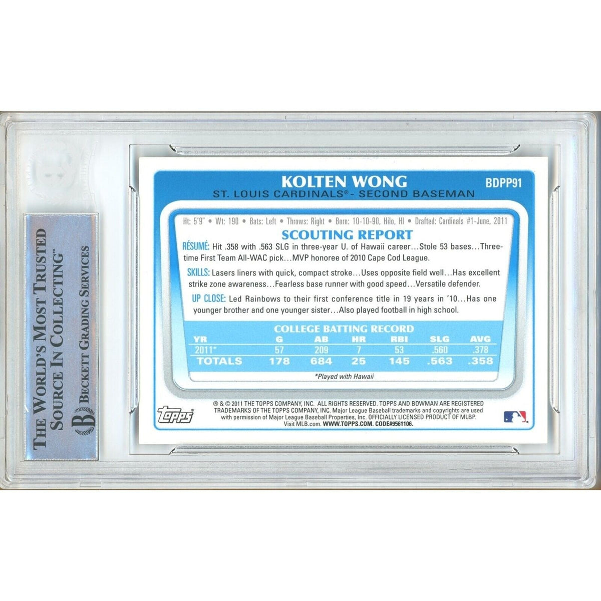 Kolten Wong Bowman Draft Prospects Signed Trading Card Beckett BGS