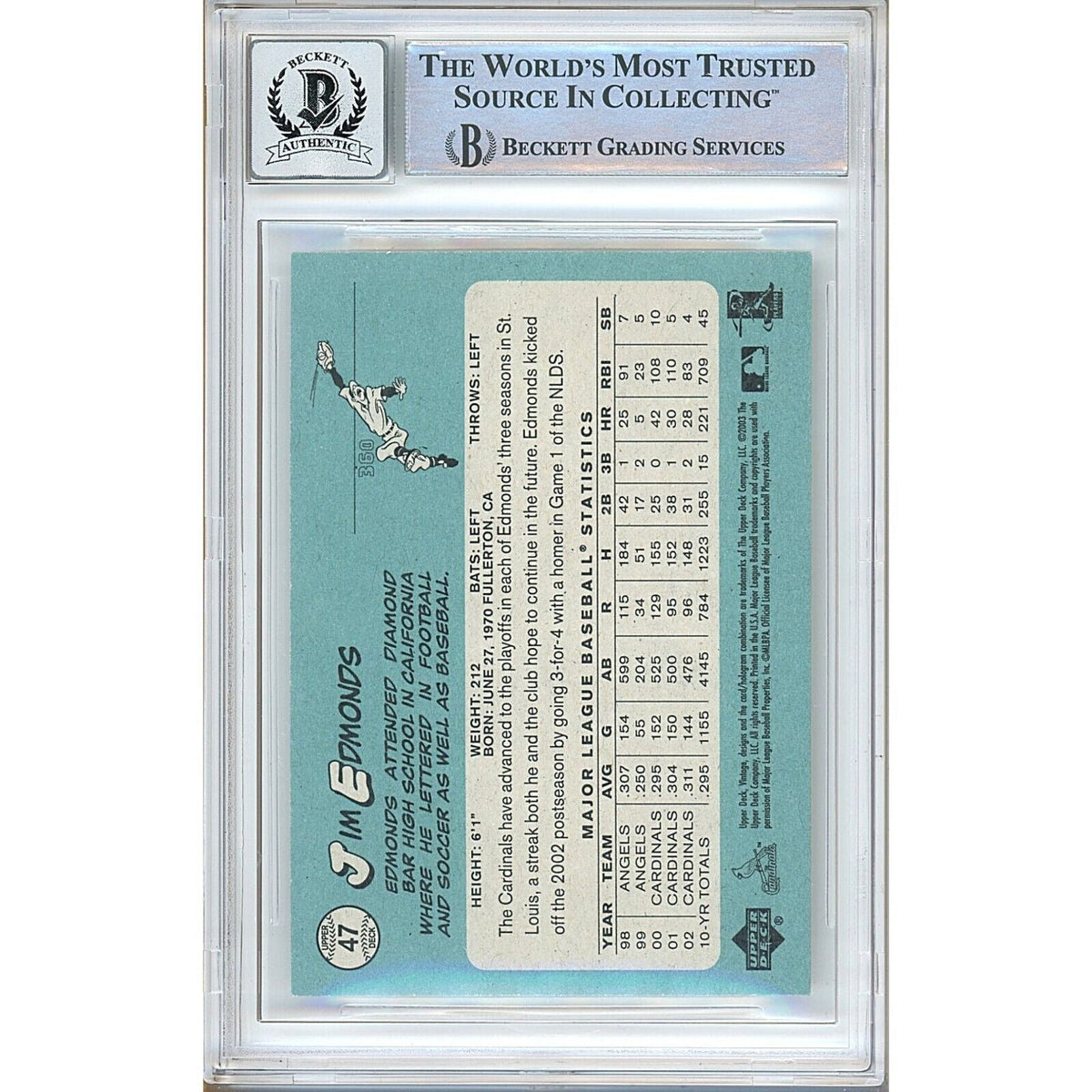Jim Edmonds Upper Deck Autograph Trading Card Beckett BGS