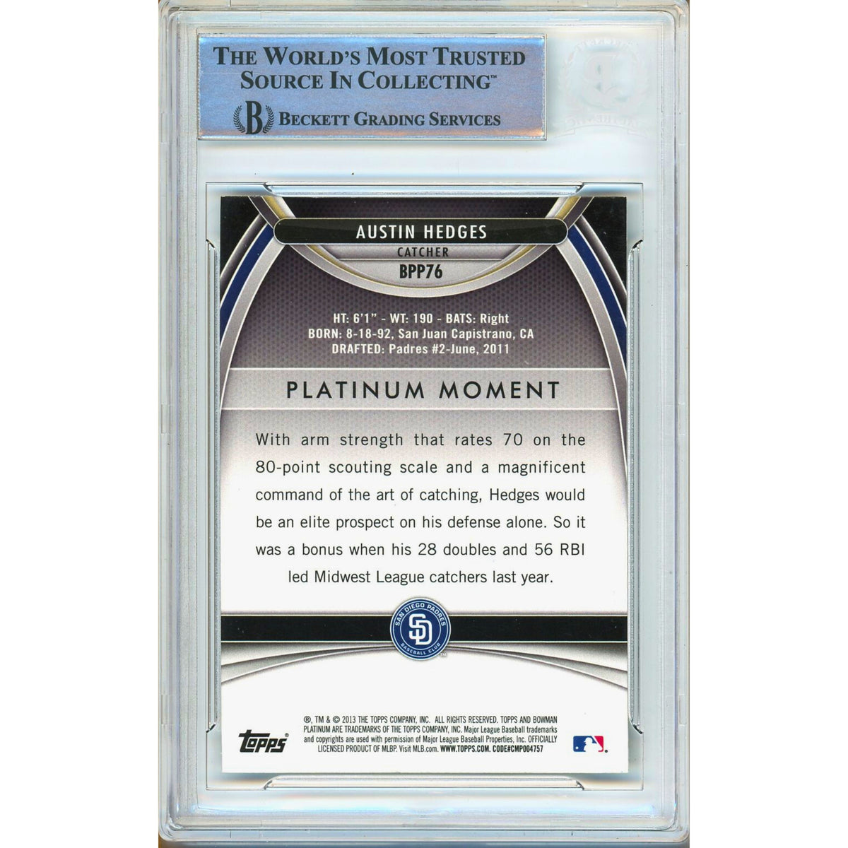 Austin Hedges Bowman Platinum Prospects Signed Trading Card Beckett BAS