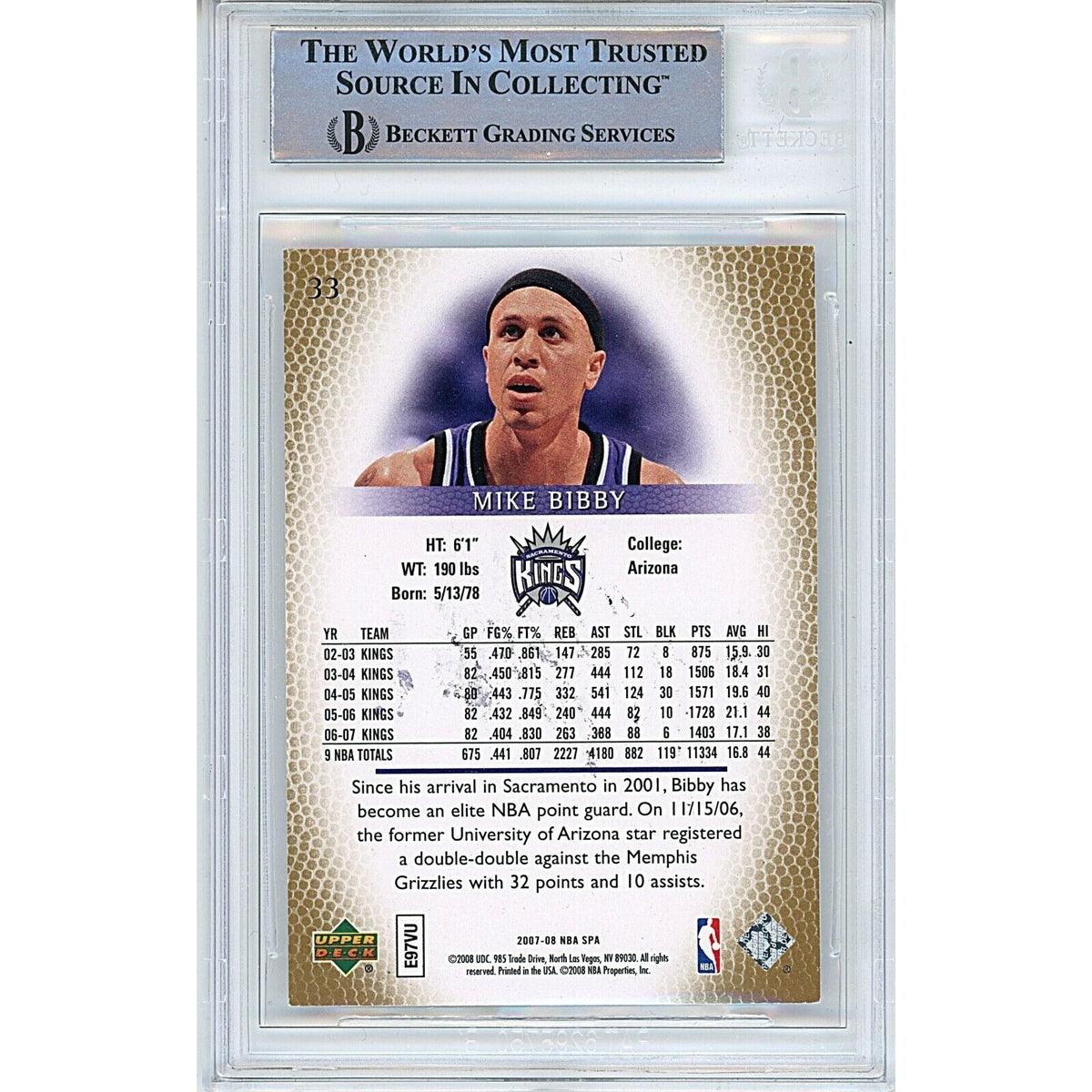 Mike Bibby Sacramento Kings Signed Trading Card Beckett BAS