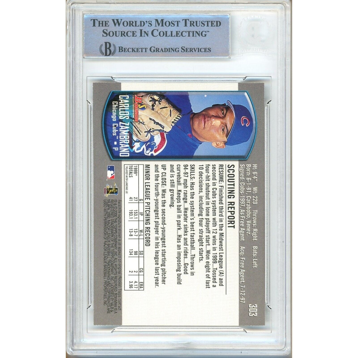Carlos Zambrano Chicago Cubs Autographed Autograph Trading Card Beckett BAS