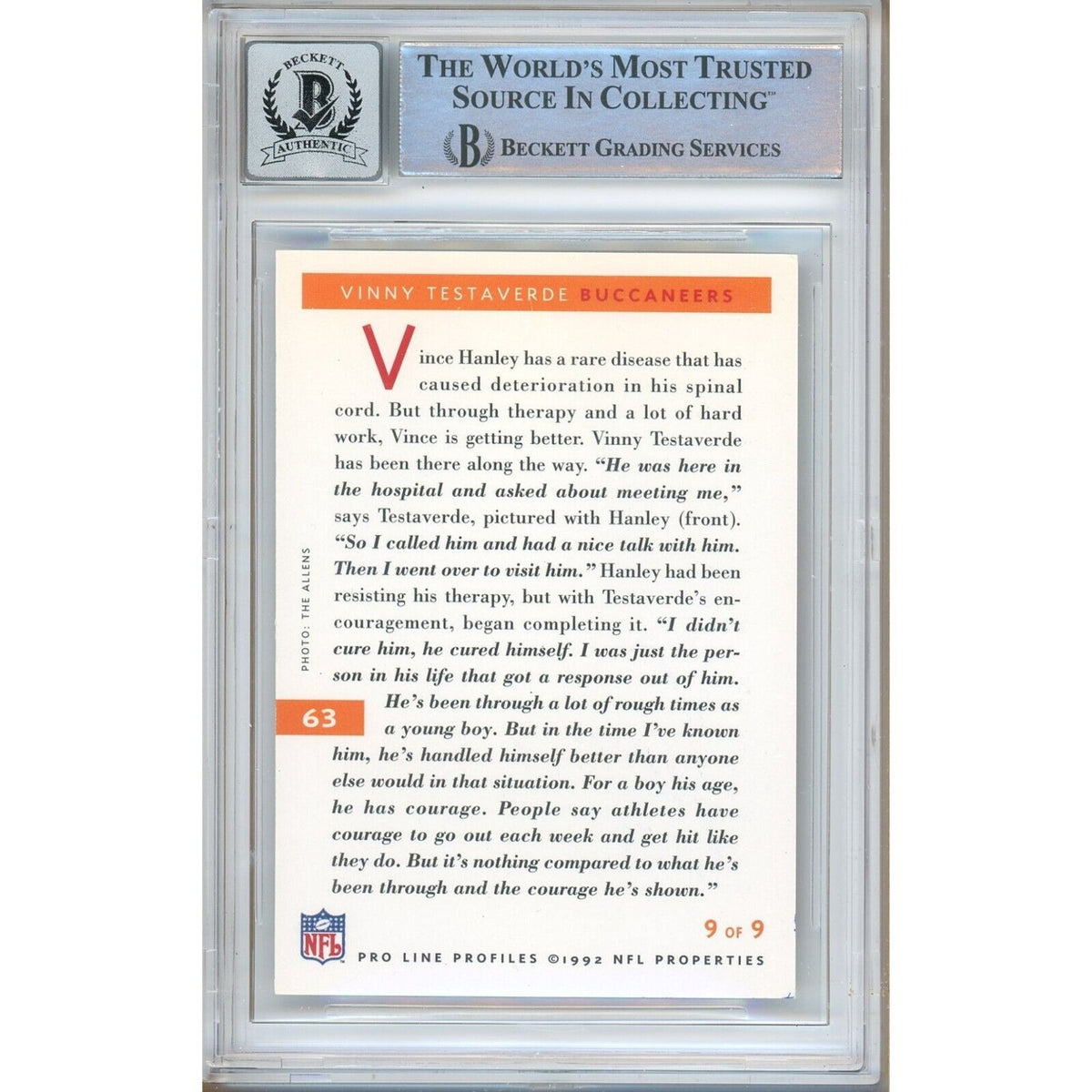 Vinny Testaverde Buccaneers Signed Trading Card Beckett BGS