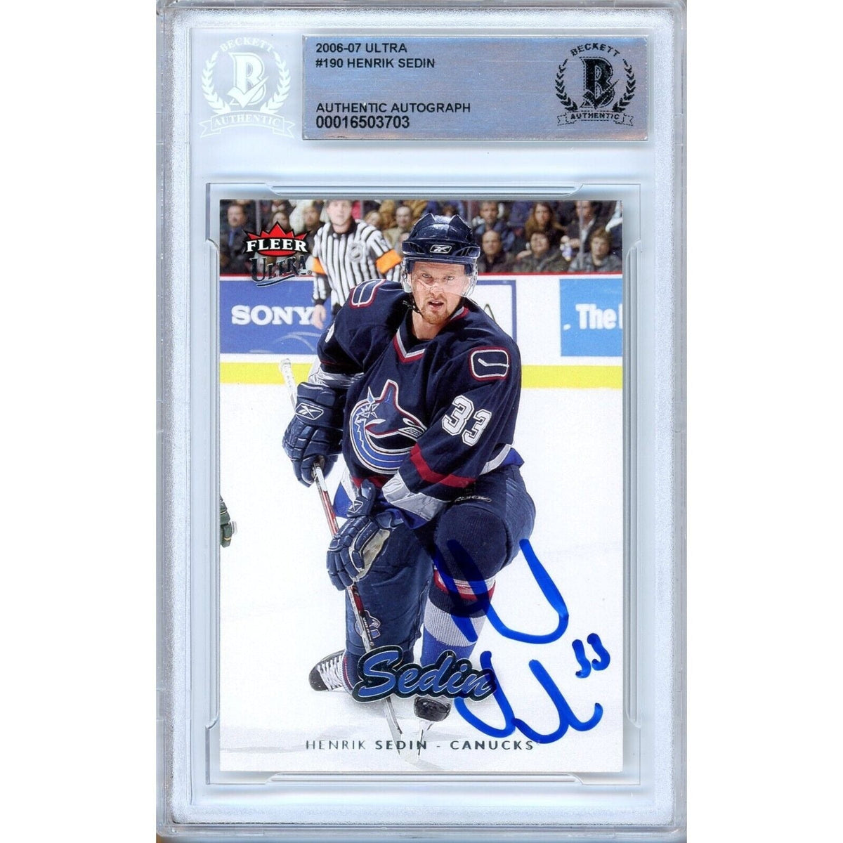 Henrik Sedin Fleer Ultra Autographed Trading Card Beckett BAS