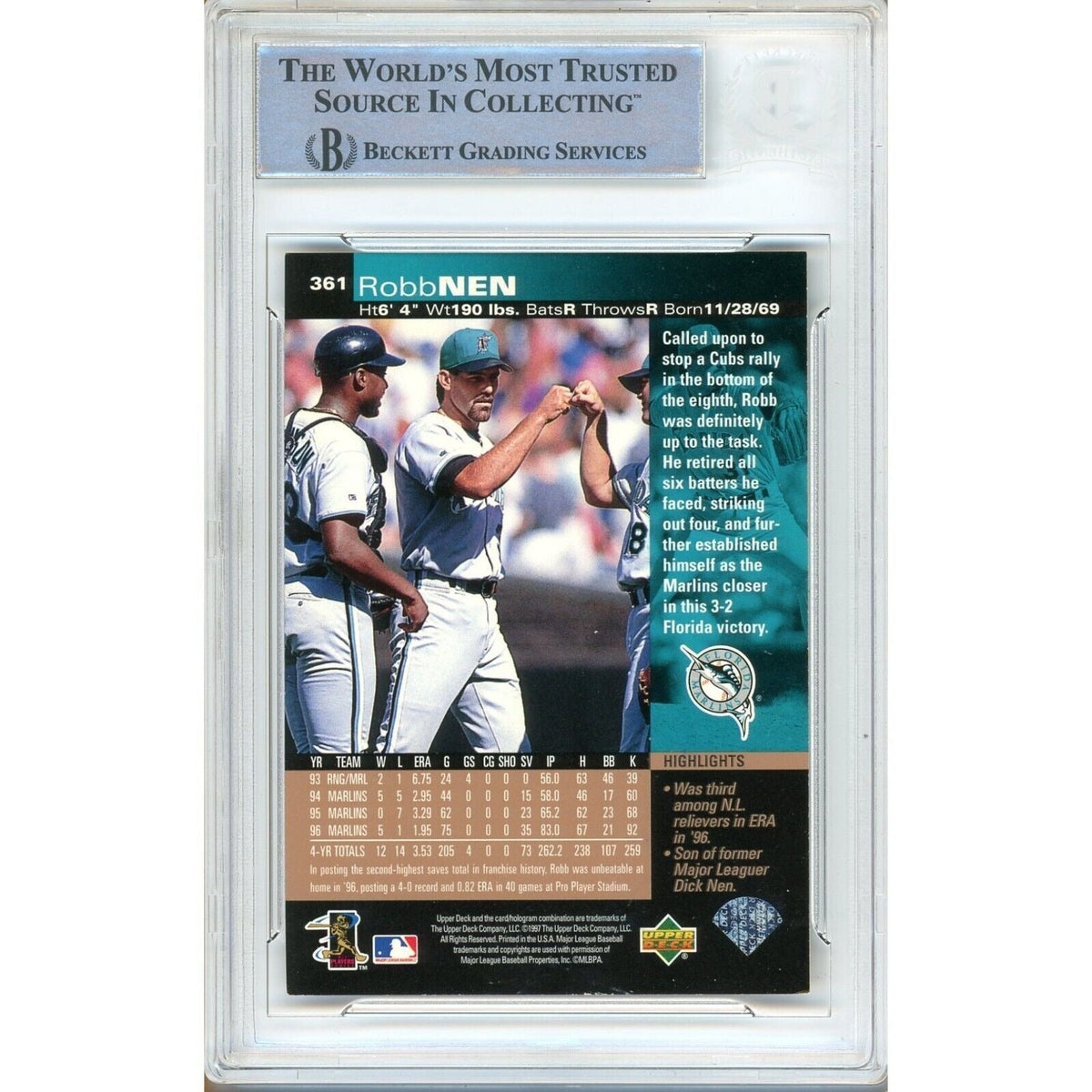 Robb Nen Florida Marlins Signed Trading Card Beckett BAS
