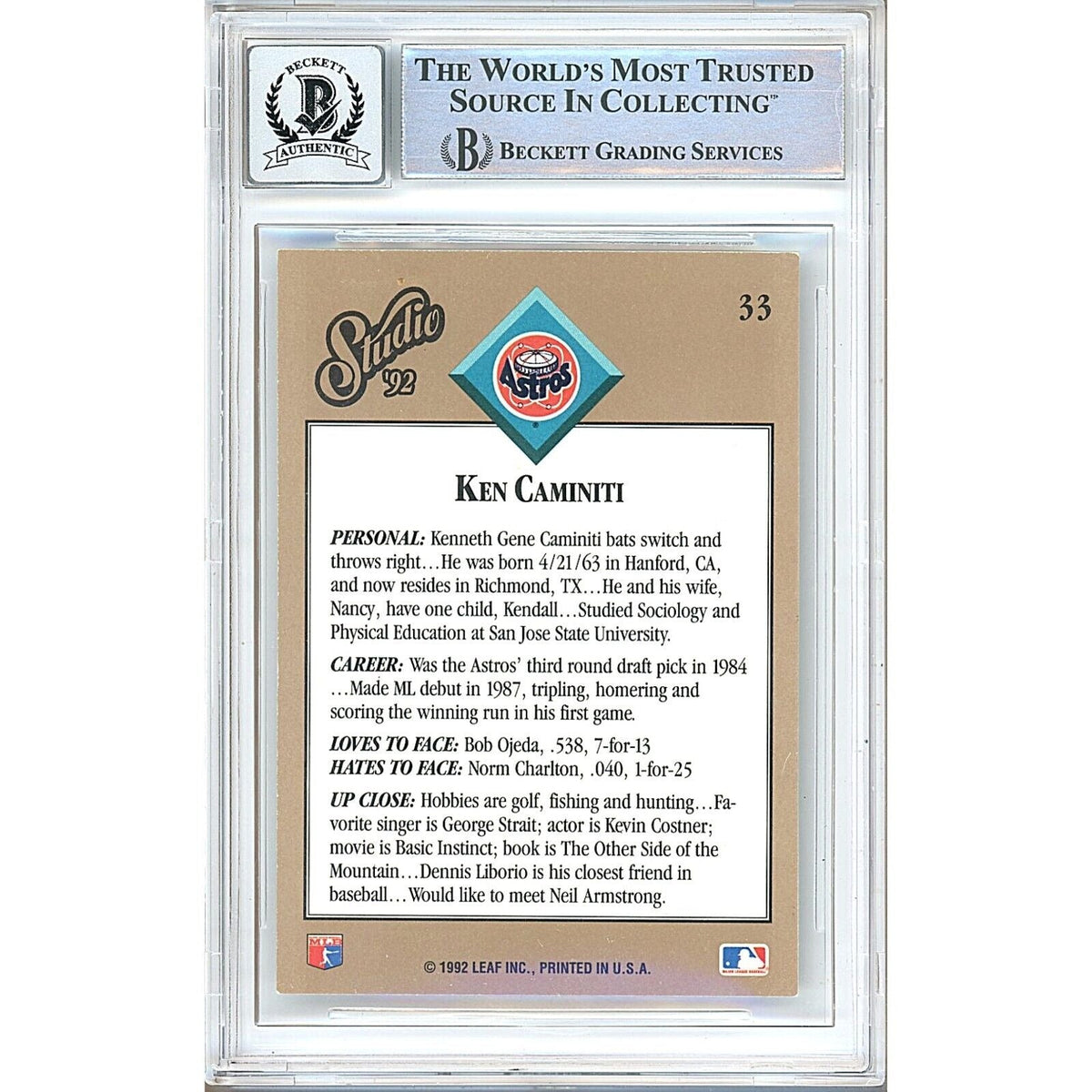 Ken Caminiti Donruss Studio Signed Trading Card Beckett BGS