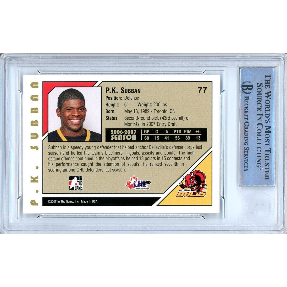 Subban Canadiens Signed Autograph Trading Card Beckett BAS